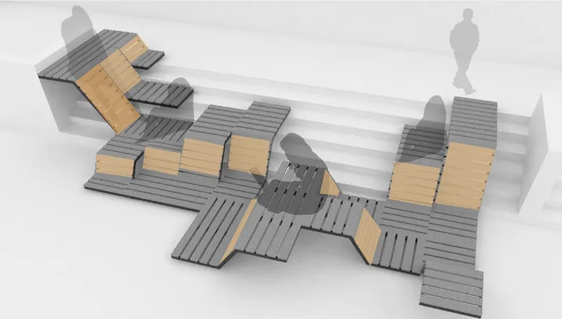Axonometric view of modular seating clusters with grey and timber-toned slat surfaces and figure shadows