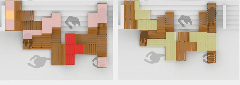 Top-down rendering of clustered timber bench modules in varied wood tones with grey figure shadows