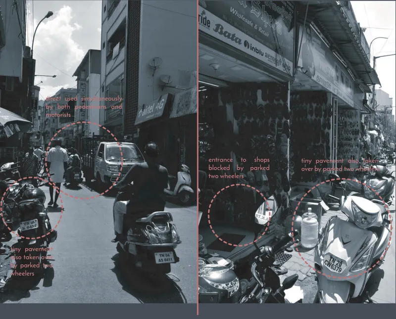 Street view with two-wheelers parked densely along both sides and annotated circulation issues