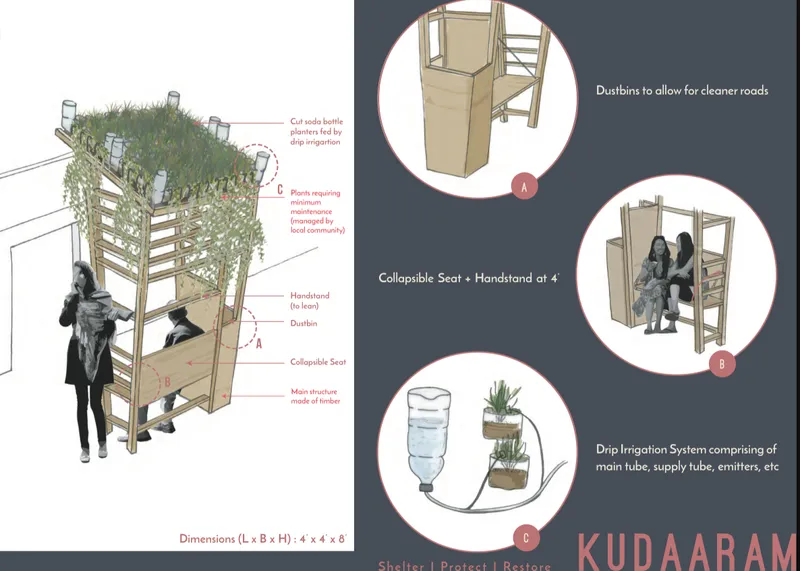 Isometric drawing of a timber shelter module with collapsible seating and rooftop planters