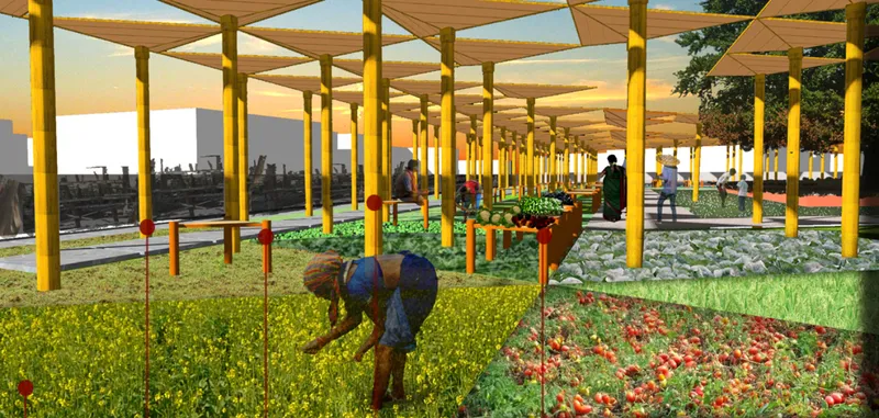 Rendered view of timber shade canopy over planted beds with visitors at dusk