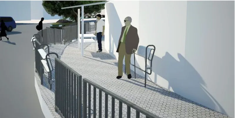 Rendered view of accessible street furniture with metal railing along a paved walkway with figures