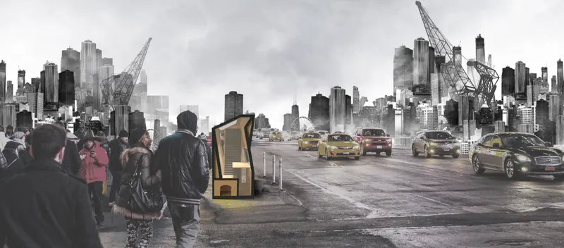 Rendering of a small timber pavilion on a waterfront roadway with pedestrians and passing cars