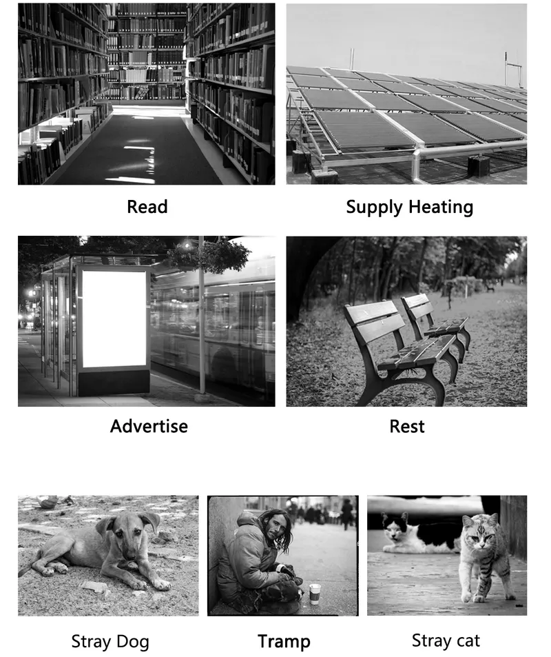 Diagram showing library stacks, solar panels, transit shelter, park bench, and street furniture for vulnerable populations