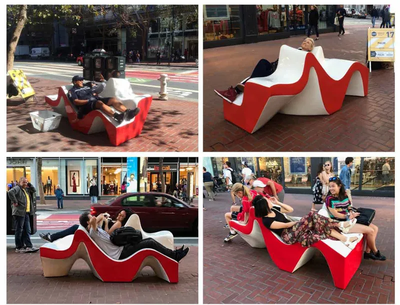 Four views of the ribbon-form seating installation occupied by visitors on an urban plaza