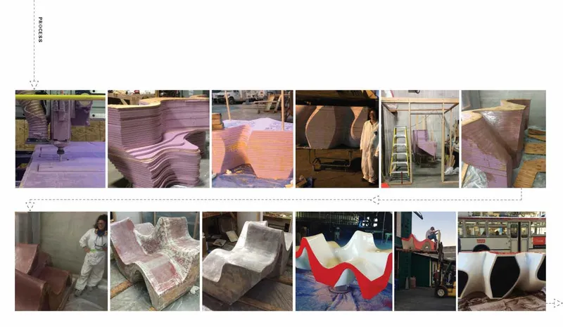 Contact sheet showing fabrication stages of the laminated foam bench from workshop to painted finish
