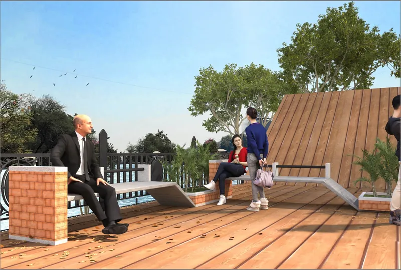 Rooftop terrace with timber decking and brick planters providing seating among deciduous trees