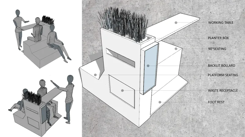 Isometric diagram showing a modular street furniture unit with integrated planters and seating platforms