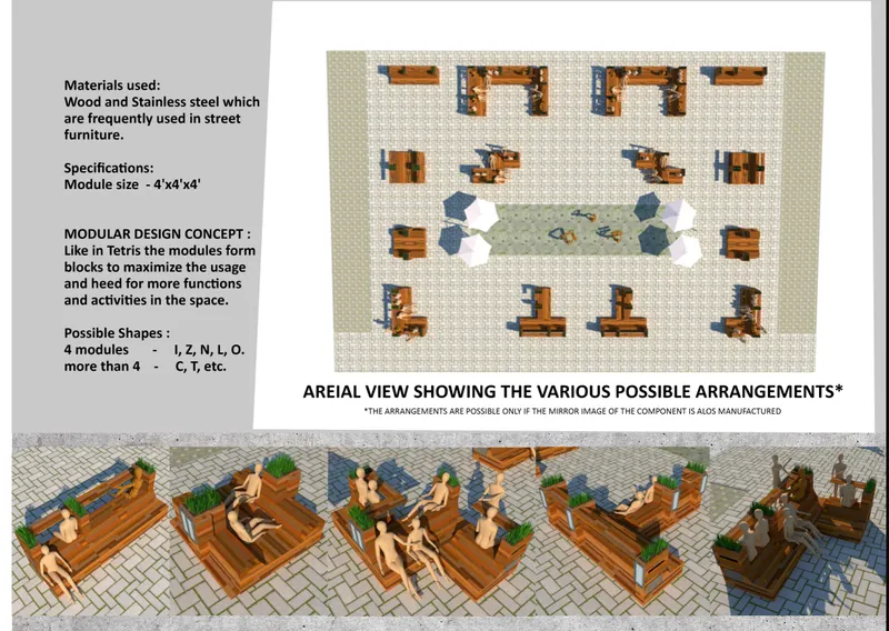 Aerial plan view illustrating multiple configurations of timber seating modules arranged across a paved plaza