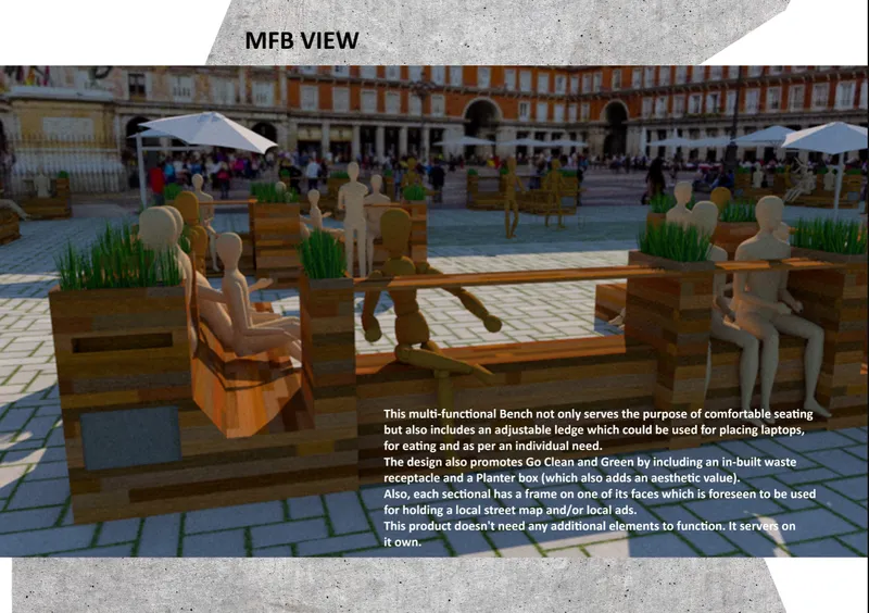 Timber seating modules with integrated planter boxes scattered across a historic plaza with striped awnings