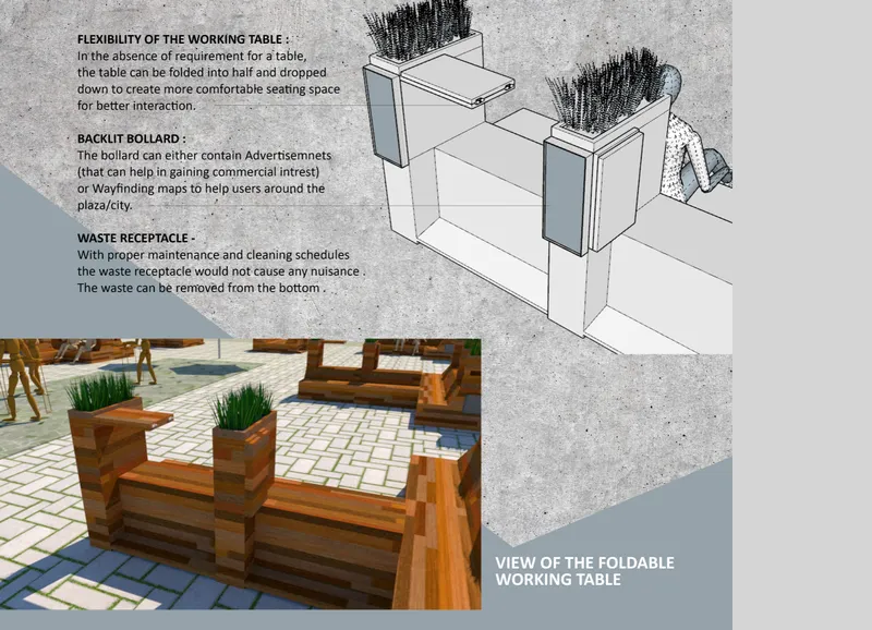 Axonometric and perspective views of a foldable timber bench unit with built-in waste receptacle and planters