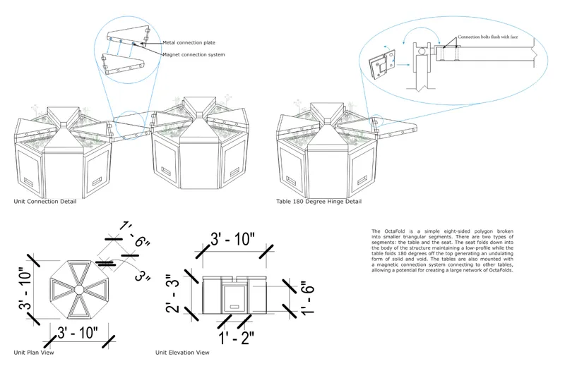 Technical drawings showing connection details, plan view and elevation of the octagonal modular units