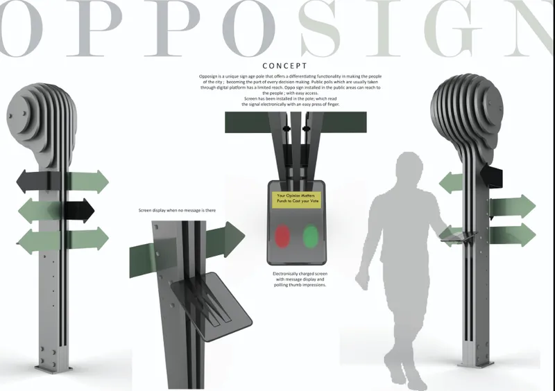 Concept diagram showing interactive signal post design with rotating finger indicators and illuminated display panel