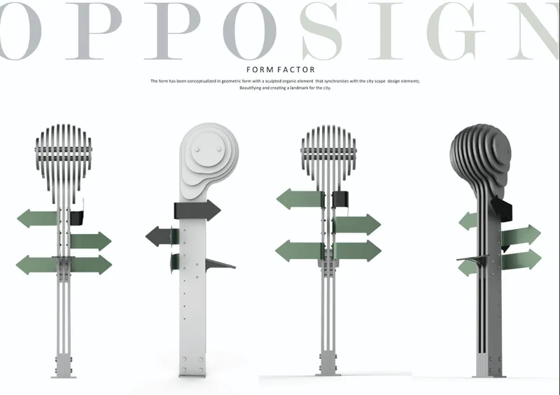 Orthographic views of the signal post system showing four variations with striped and solid finger assemblies