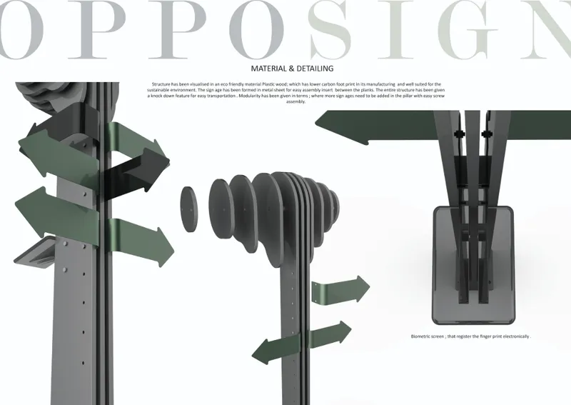 Detail views of the layered finger mechanism and electronic screen housing at the post top