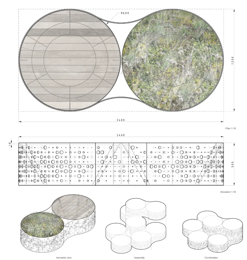 Technical drawings showing plan, elevation, isometric and assembly views of circular modular units with perforated walls