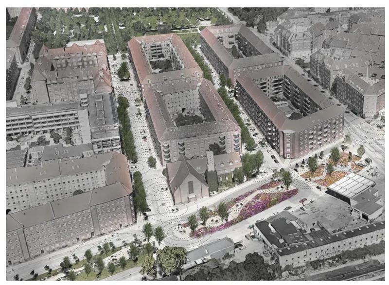 Aerial rendering of a curved linear park threading between residential blocks with planted beds and pedestrian paths