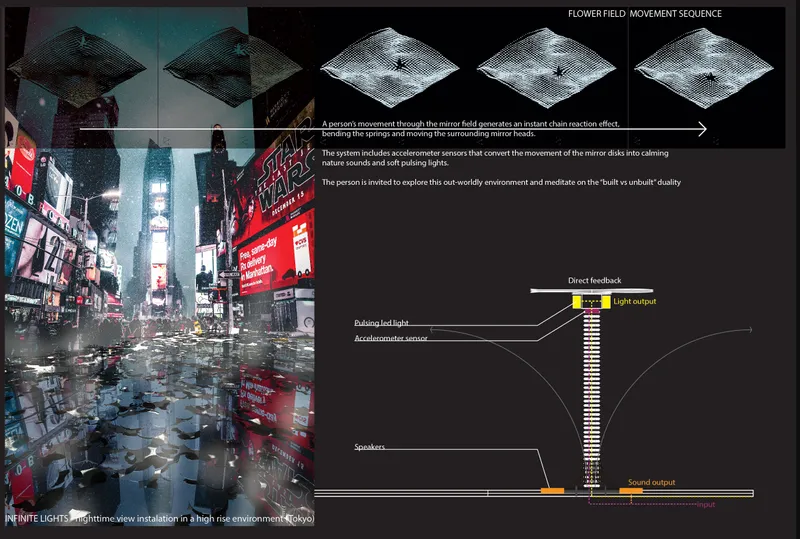 Presentation board showing installation diagrams and a photograph of mirrored disks in a rain-soaked urban plaza