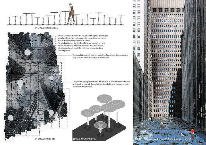 Installation plan and section drawings with axonometric detail alongside a photograph of the urban plaza between towers