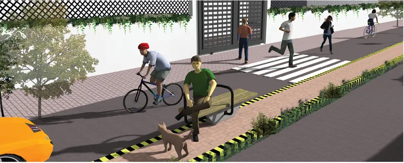 Perspective rendering of public seating along a pedestrian zone with crosswalk and striped curb separation
