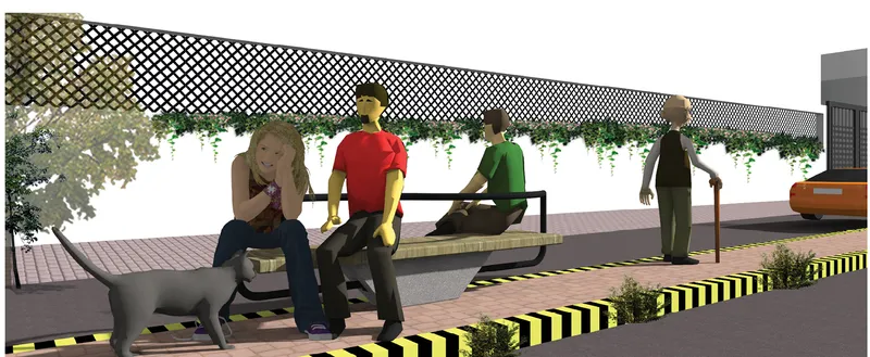 Wide rendering of cantilevered bench seating with figures and dog beneath a lattice canopy with greenery