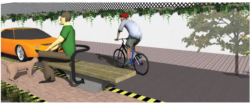Rendering showing street furniture installation with pedestrians, cyclist, and overhead vine trellis along a sidewalk