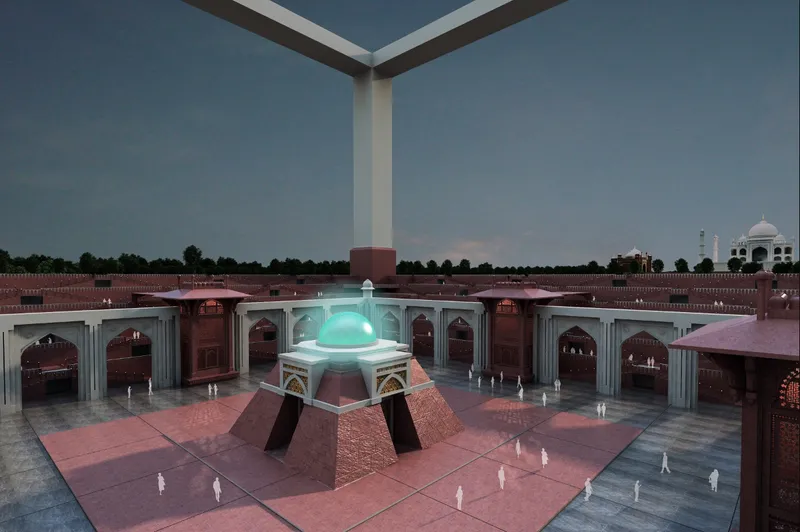 Aerial view of the central courtyard with hexagonal pavilion and illuminated turquoise dome at dusk