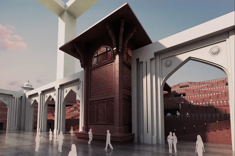 Covered colonnade with pointed arches framing a carved timber minbar under a cantilevered roof