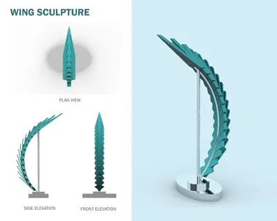 The image presents a 3D rendering of a wing sculpture, showcasing its design from various perspectiv