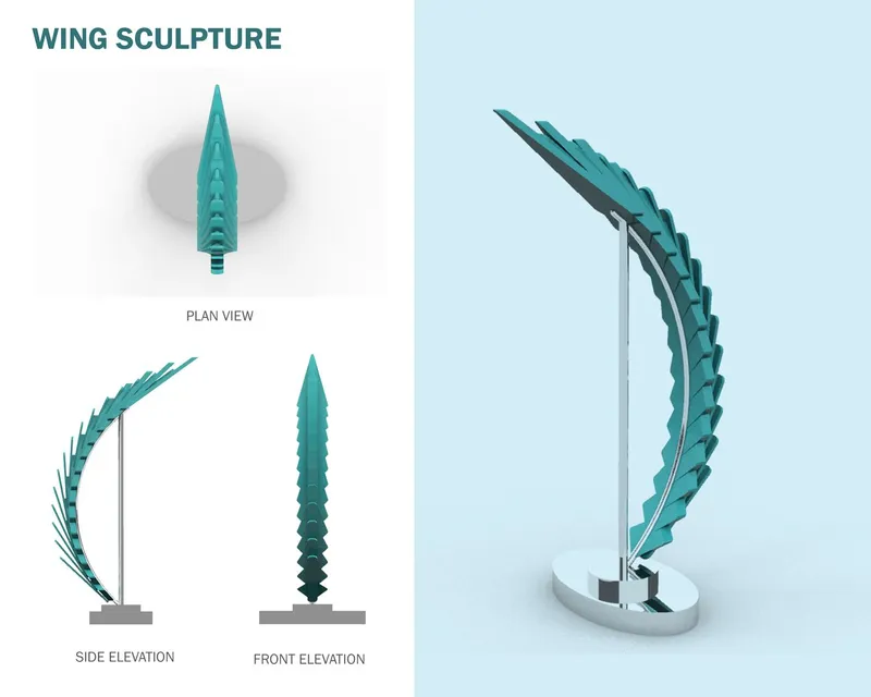 Elevation drawings showing plan, side, and front views of a curved wing sculpture