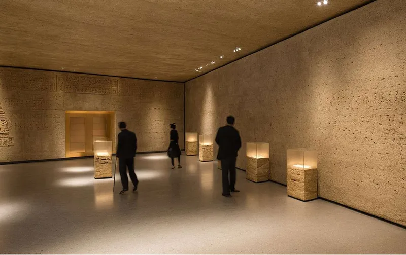 Gallery room with rammed earth walls and illuminated stone plinths displaying artifacts