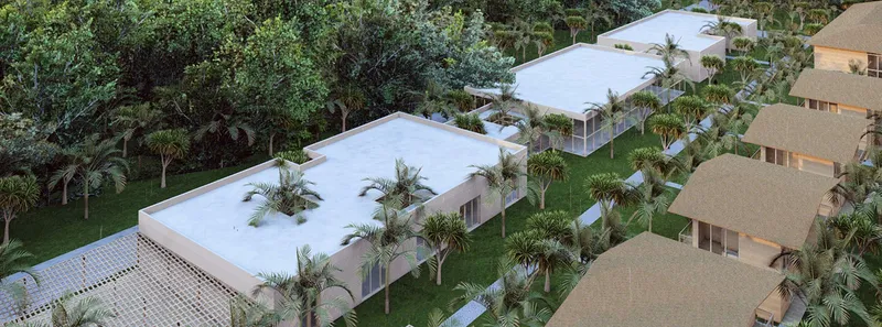 Aerial view of white flat roofs punctuated by palms alongside thatched timber pavilions