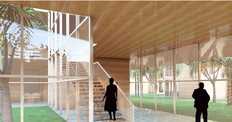 Double-height atrium with timber ceiling and white-framed staircase visible through floor-to-ceiling glass