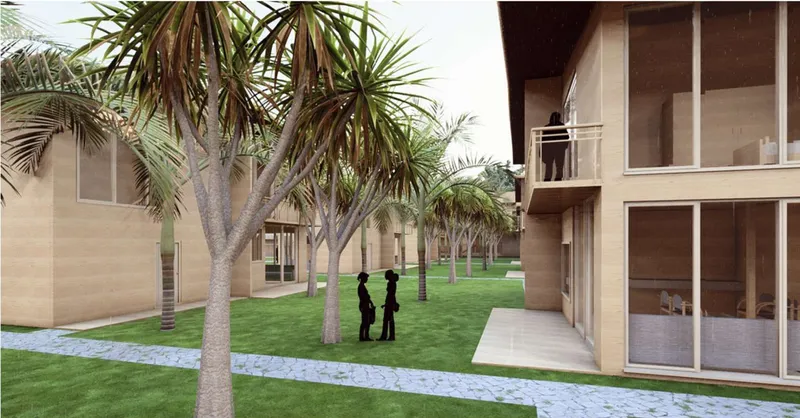 Rendering of a courtyard with palm trees, patterned pathways and two figures standing near timber-clad volumes
