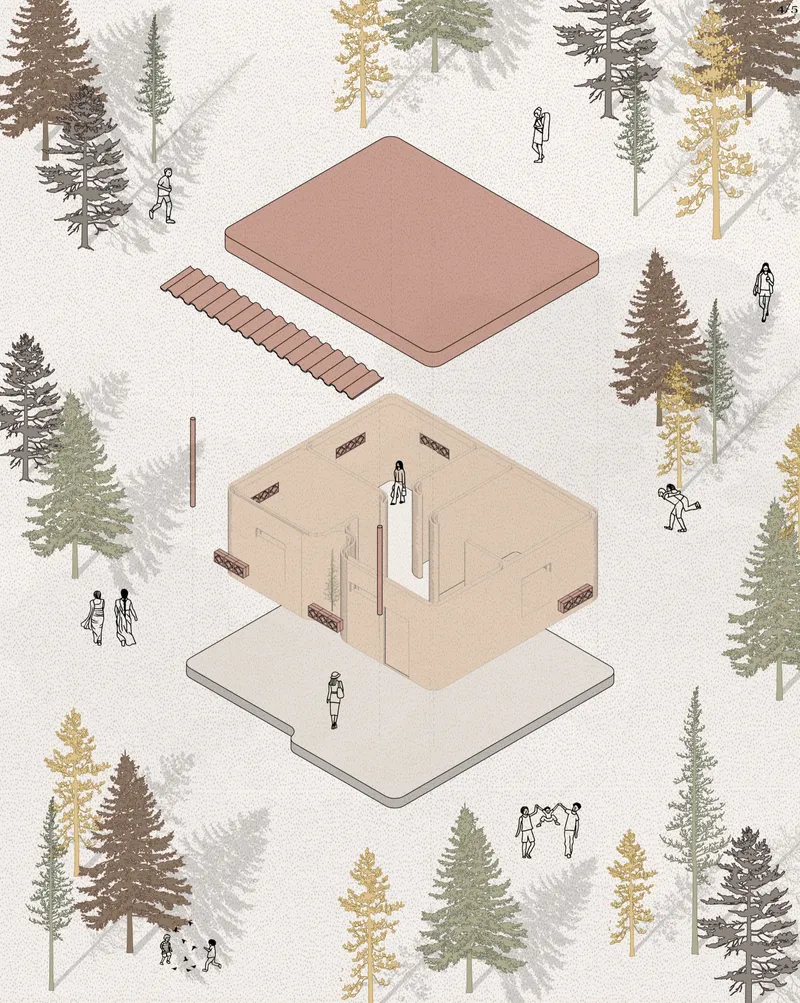 Exploded axonometric drawing of a dwelling unit showing foundation slab, interior walls, and pitched roof with figures