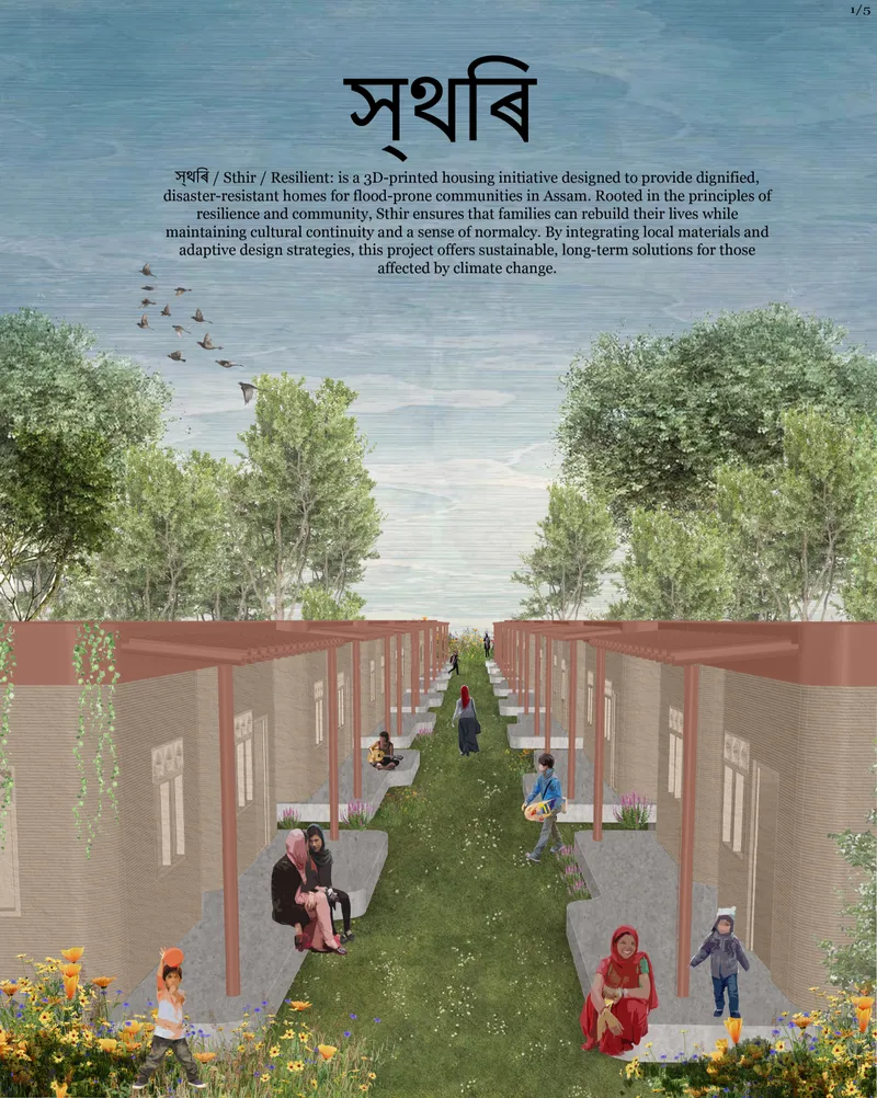 Perspective rendering showing rows of single-story housing units along a shared green corridor with residents and trees