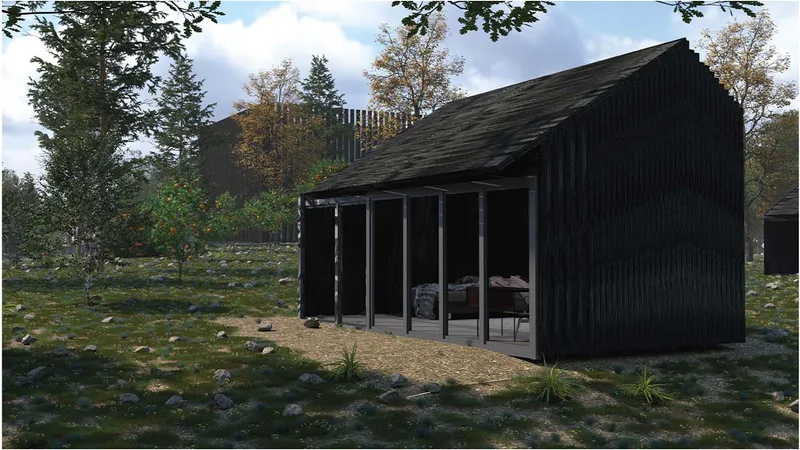 Black timber pavilion with open sliding panels revealing an interior courtyard surrounded by fruit trees