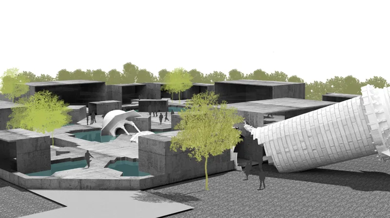 Aerial rendering of a complex with concrete volumes, water channels and young trees among scattered figures