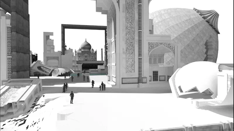 Perspective rendering showing a framed gateway opening to a dome and contemporary sculptural forms in a plaza