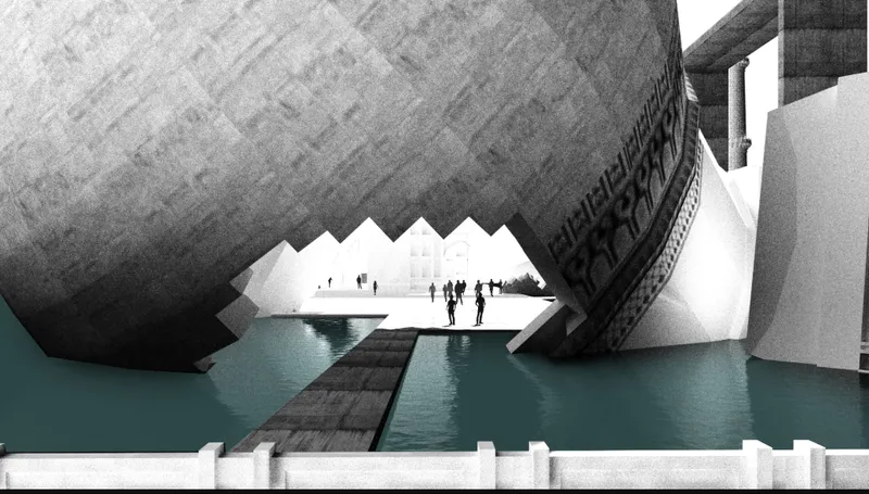 Cantilevered platform over turquoise water beneath the patterned surface of a monumental dome with visitors above