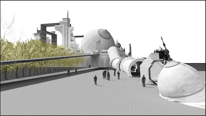 Long pedestrian promenade with green trees alongside white sculptural volumes and heritage domes in the distance