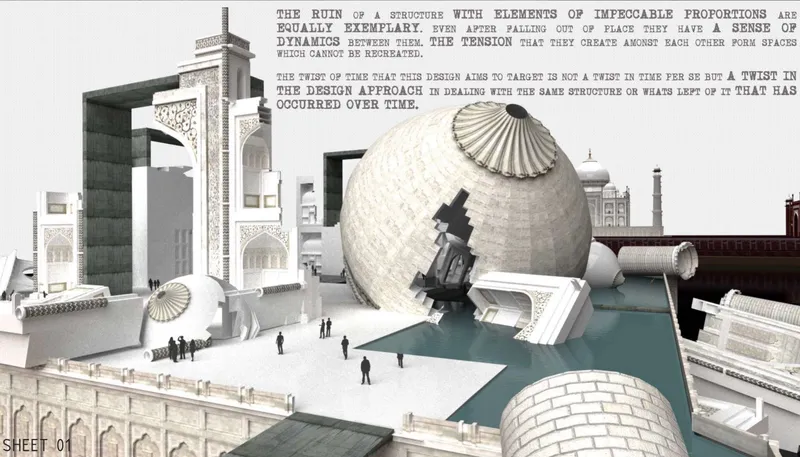 Rendered site view with text overlay showing a complex of ornamental domes, water features and figures in daylight