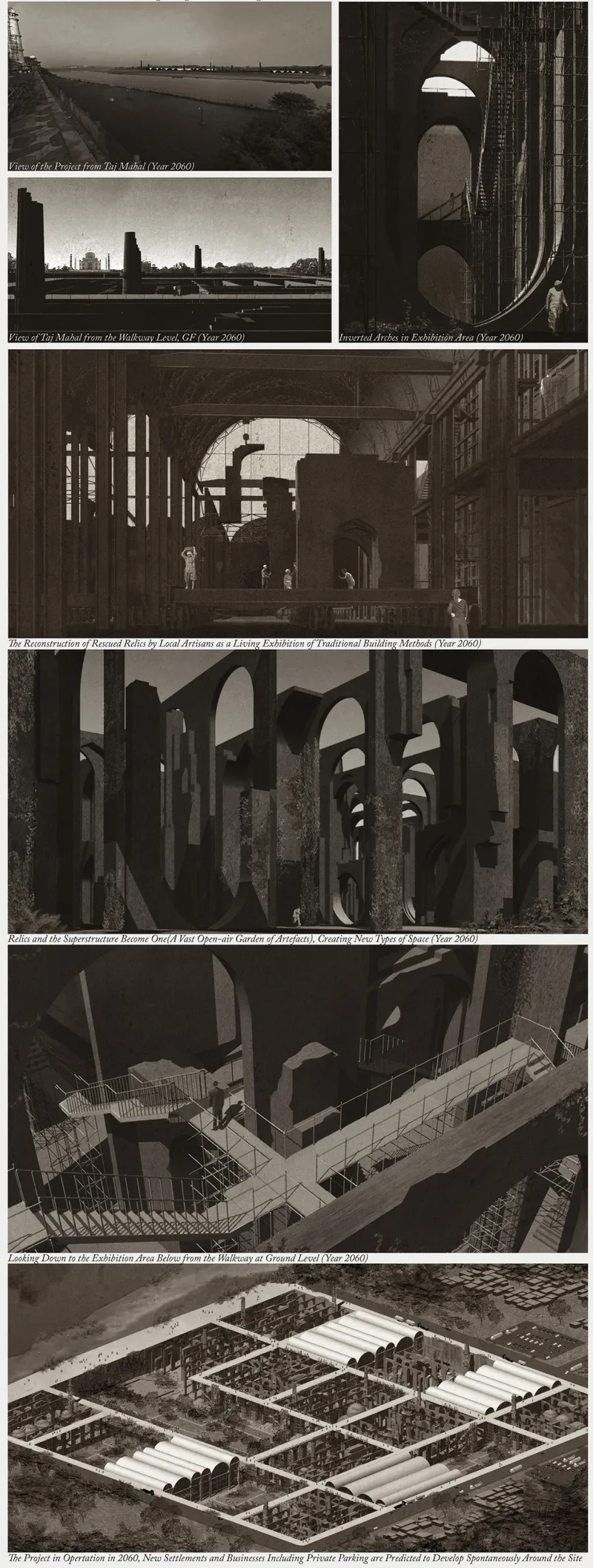 Composite of historical photographs showing bridges, industrial ruins, arched openings, model views and site plans