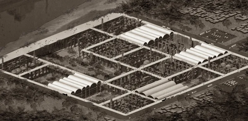 Aerial perspective rendering of the gridded housing complex with barrel-vaulted roofs alternating across nine courtyards
