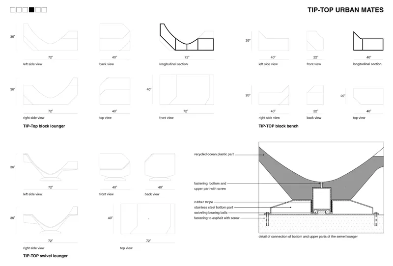 Technical elevation and section drawings detailing the construction of curved seating elements with fastening systems