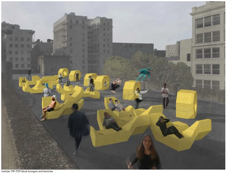 Rendering of yellow modular seating units arranged on a rooftop with people sitting and standing