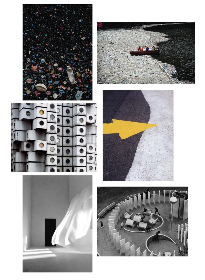 Collage of recycled ocean plastic material samples and reference images showing circular architectural forms