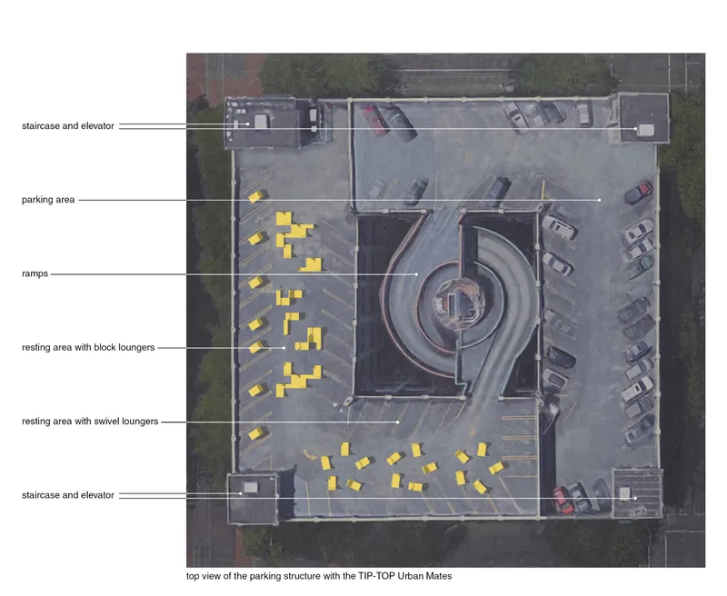 Aerial view of a rooftop parking structure with yellow block loungers and a spiral ramp feature