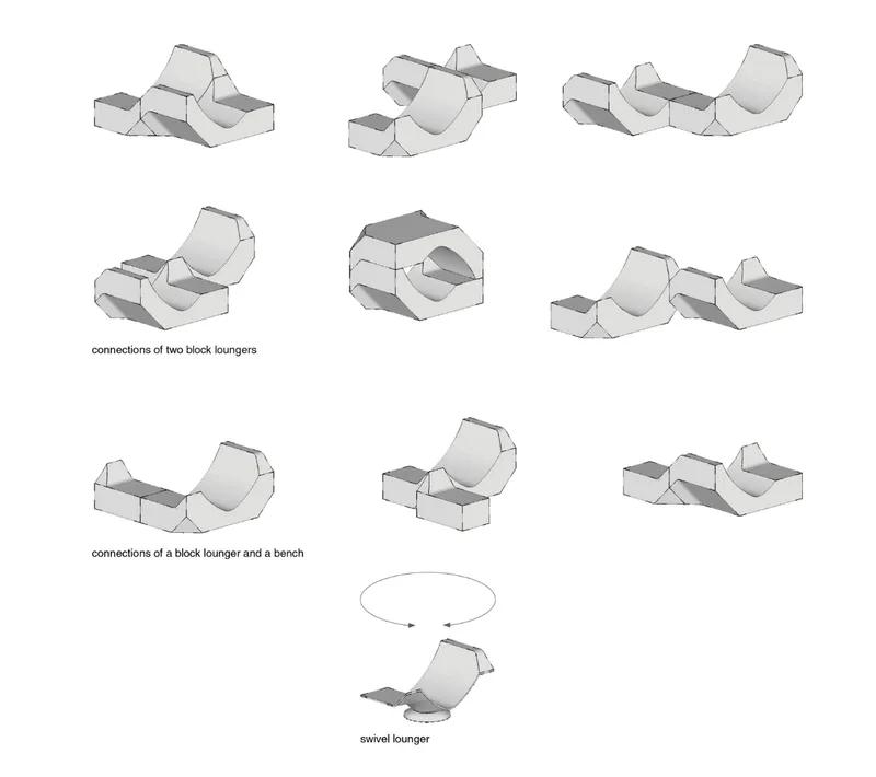 Axonometric drawing showing various configurations of interlocking sculptural lounger modules