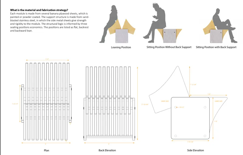 Plan, back elevation and side elevation drawings of the modular seating unit with vertical slat construction
